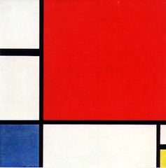 Composition with Red, Blue, and Yellow

Piet Mondrian, 1930, Oil on Canvas

De Stijil
Only primary colors used, red yellow, blue and the neutral colors white and black
Sever geometry of form, only rights angles, gridlike
No shading of colors, pure unmodulated color
Assymetrical composition
Only perpendicular lines, diagonals forbidden