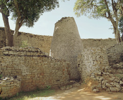 Conical tower and circular wall of Great Zimbabwe 
Southeastern Zimbabwe, Shona peoples. c. 1000-1400 C.E. Coursed granite blocks
