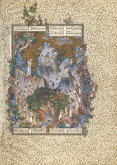 Court of Gayumars , foli from Shanama

Sultan Muhammad, 1522-1525, ink/opaque watercolor, gold/silver on paper

Shanama is the Book of Kings, a Persian epic poem by Firdawsi telling the ancient history of Perisa
Whole book has 258 illustrated pages
This page shows the first king, Gayumars, enthroned before his community
Left shows son Siyamak, Right shows grandson Hushang
Court appears in semicircle below, wearing court attire (leopard skins)
Harmony between man and landscape 
Minute details presents but dont overcrowd the scene

Animals became tame upon the kings presence