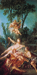 Cupid a Captive, Francois Boucher, 1754
Style:Rococo
This portrait is an oil on canvas. Boucher achieved success due to his graceful painting of spiritual symbols and figures in narrow valleys covered in pink and sky-blue light. The infant, cupid, and the females create the shape of a pyramid on a cool, leafy background covered with draperies. The draperies covers and reveals the nudity of the cupid and the female figures. This piece was created by a mixture of Italian and French Baroque devices such as crisscrossing diagonals, curvilinear lines, and recessions. Boucher portrays sensuality and playfulness at the same time. It is a vibrant and jovial Rococo painting style, which uses pastel colors.