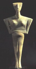 Cycladic Female Figure
c. 2500 BCE
Culture: Cyclades
Nude women arms folded, emphasizes fertility with triangle pelvis. Found in graves