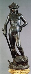 David

Donatello, Bronze, 1440-1460

First free standing nude sculpture since classical antiquity
Return to the love of the body and bodily features
Exaggerated contrapposto shown giving dynamism and life size work probably for the Medici 
Young david with androgynous erotic features
Looks down suggesting humility and no confidence in himself
Head of Goliath at his feet
Laurel on hat shows he was a poet
Shows Florentine dominance over Milan in a recent war