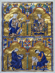 Dedication Page with Blanche of Castile and King Louis IX of France. Scenes from the Apocalypse with Bible moralisees.