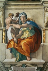 Delphic Sibyl

Michelangelo, Vatican City, Italy, Ceiling frescoes 1508-1512, Altar frescoes, 1536-1541

One of the five sibyls (prophetess) on the ceiling 
She is a Greco-Roman figure whom Christians felt foretold the coming of Jesus Christ
Wears a Greek style turban
Turns head as if listening to something
Expression seems sorrowful
Contrapposto of body present despite being seated, dynamism as if she is about to get up
Holds the scroll containing her prophecy
Combo of Christian beliefs and pagan mythological imagery
