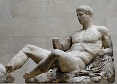 Dionysos, from East Pediment of Parthenon (438-432 B.C.) ~ High Classical Sculpture

Very realistic observation of reclining human form, fold in cloth are very fluid, Phidian Style.