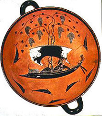 Dionysos in Sailboat, by EXEKIAS (540 B.C.) ~ Archaic Pottery

Black-figure, new observation of nature (sail blowing in wind).