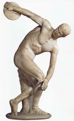 Discobolos (discus-thrower), by MYRON (450 B.C.) ~ Early Classical Sculpture

Emphasis on muscles, bones, veins.