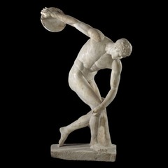 Diskbolos
c. 450 BCE; 
Period: Classical Greek
Artist: Myron
Means The Discus Thrower, idealized heroic body, this is a roman copy original was bronze.