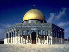 Dome of the Rock 
Jerusalem. Islamic, Umayyad. 691-629 C.E., with multiple renovations. Stone masonry and wooden roof decorated with glazed ceramic tile, mosaics, and gilt aluminum and bronze dome