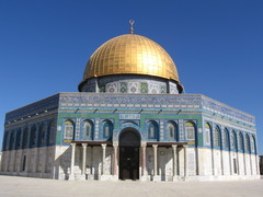 Dome of the Rock

691-692, stone masonry/wood roof decorated with ceramic tile, mosaics, aluminum/bronze dome

Domed wooden octagon
Influenced by previous centrally planned buildings/churches
Columns taken form Roman monuments
Sacred rock where Adam was buried, Abraham nearly sacrificed Issac, Muhammad ascended to heaven, 
Rock enclosed by two ambulatories 
Meant to rival Christian church of the Holy Sepulcher in Jerusalem, but its dome was inspired by that Church
Mosaics use vegetative forms instead of iconography
Mosaic Arabic calligraphy encourages Muslims to embrace Allah as only god, shows that Christian trinity is polytheistc belief
Oldest surviving Quran verses, first use of Quran verses in architecture
Pilgrimage site for the faithful
Constructed by Abd al-Malilk, caliph of the Umayyad Dynasty