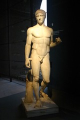 Doryphoros
c. 450 BCE; 
Period: Classical Greek
Artist: Polykleitos
Means the Spear bearer, Spartan ideal of body, hand once held a spear. He averts your gaze.