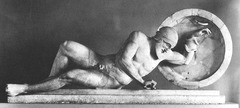 Dying Warrior, Temple of Aphaia at Aegina (490-480 B.C.) ~ Late Archaic Sculpture

Posture is more natural of someone dying (except for the smile of course), detailed muscle definition, realistic human form.