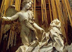 Ecstasy of Saint Theresa
c. 1645
Artist: Bernini
Period: Baroque
Natural light thrown onto the art from a hidden window. There is a stage-like setting with the patrons, sitting in theatre boxes looking on.