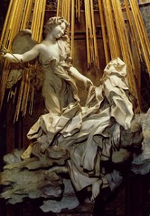 Ecstasy of St. Teresa

Santa Maria Vittoria, Rome, Bernini, 1647-1652, Marble

Counter-Reformation, effort to convert the viewer,etc., involves the viewer
Sculptural interpretation of St. Teresa's diary involving her visions of god
Involves angel descending with an arrow and plunging it through her
Natural light from chapel directed onto sculpture from window above the work
Marble handled in a tactile way to show textures 
Skin is glossy, feathers are rough, drapery animated/fluid, clouds cut roughly like rock
Carved from a single block of marble
Figures appear to be floating in space as god's rays of light illuminate the scene
Teresa's pose is erotic and very emotional as if sexual exhaustion, consistent with the spiritual events taking place in her diary
Stagelike setting with patrons (Cornaro family) sitting in theater boxes flanking the work and commenting on the scene