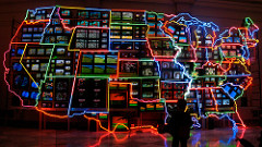 Electronic Superhighway

Nam June Paik, 1995, Mixed Media installation

- Neon Lighting outlines the fifty states and D.C.
- Each state has a separate video feed w/ a feed based of state traditions (313 monitors)
-a camera faces the viewer and displays them in the New York feed, so they can place the audience within the artwork
-Paik was fascinated with maps and travel
Neon symbol of motel and restaurant signs