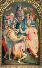 Entombment of Christ

Jacopo Pontormo,1525-1528, Oil on Wood

Circular composition with grouping of hands
Elongation of bodies (key to mannerism)
High keyed colors meant to counteract against the darkness of the chapel it was placed in
No ground line for many of the figures such as Mary who appears to be floating, Where is she sitting?
Some androgynous features present
No weeping just intense emotional expressions on the figures faces
Linear bodies that twist around each other make the elongations more clear
Anti-classical construction of composition, no central figure, no pyramidal structure, no balance, etc.
Called Entombment but there is no tomb and there are no symbols common to depiction of similar events to indicate what particular event is occurring
Emotions appear artificial and aren't human like as if faces are masks