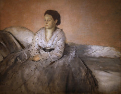 Estelle Musson Degas, Edgar Degas, 1872-73
Style: Impressionism
Located: New Orleans Museum of Art
This painting depicts Degas' blind sister in law whom he really admired. She has a sense of sadness in her face but doesn't overwhelm her. She has great bravery in the face of tragedy.
