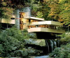 Fallingwater

Frank Lloyd Wright, Pennsylvania,1936-1939, Reinforced concrete, sandstone, steel, glass

Natural Architecture
Cantelevered porches extend over waterfall
Archiecture in harmony with site
Living room has glass curtarin wall around 3 of the 4 sides
Floor of living room made with stone from the area
Fireplace is in the center of the house with a outcropping of natural stones around it
Suppression of space devoted to hanging a painting
Effort to have architecture dominate
Irregular and complex design