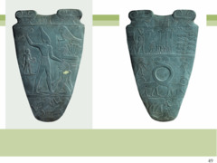 Figure 3-3 Palette of King Narmer (left, back; right, front), from Hierakonpolis, Egypt, Predynastic, ca. 3000-2920 BCE. Slate, 2' 1" high. Egyptian Museum, Cairo. (Predynastic)