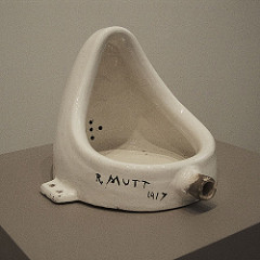Fountain 

Marcel Duchamp, 1950 (2nd verision), China with black paint

Dada
Ready made sculpture, a found object Duchamp believed to be a work of art
Entered in an unjuried show, work was refused
SIgned by 