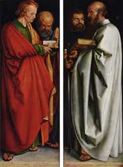 *Four Apostles*
*Albrecht Dürer*
1526
Oil on panel
16th Century Northern European 

On left, John showing Peter the Bible, saying it is more important than the Church. Mark with scroll. Pul sith sword. Peter with Keys to the Kingdom. They represent the 4 humors (Sanguine, phlegmatic, choleric, melancholin).