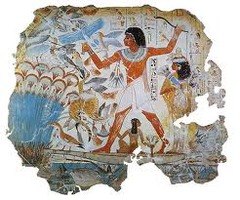 *Fowling Scene*
1400-1350 BC
(from the tomb of Nebamun) Thebes, Egypt
New Kingdom 
Fresco on Dry Plaster

Nebamun was a nobleman. Shown standing in his boat and flushing birds from a papyrus swamp. His back foot is lifted which shows movement. He holds three caught birds. Shows naturalism with all the animals. *Fresco seco*, letting plaster dry before painting.