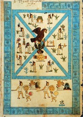 Frontspiece of the Codex Mendoza

Viceroyality of New Spain, 1541-1542, Ink/Color on paper

Named after Antonio Mendoza, the viceroy of New Spain
Used as a history of the Aztecs for the Charles V of the Holy Roman Empire
Created 20 years after Spanish 
conquest
The codex held information regarding all aspects of Aztec life
Shows the daily life of Aztec rulers in Mexico
Uses pictograms created by Aztec artists that were annotated by the Spanish
Scene depicts the founding of Tenochtitlan and the conquest of the Colhuacan/Tenayucan (Native groups) at the bottom
Enemy temples are on fire while the Aztec warriors carry clubs/shields 
Small representation the Great Temple above the central eagle
Skulls represent the sacrificial victims of the Aztecs
Eagle landing on cactus at the intersection of two waterways show the division of Tenochtitlan into 4 quarters
Aztecs told by chief god to look for place to settle with a cactus growing from a rock with an eagle resting on it, found this at Lake Texcoco
Current Mexican flag has an eagle perched on a cactus resting on rock similar to that of this work