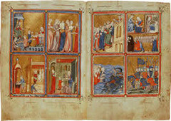 Golden Haggadah(The Plagues of Egypt, scenes of Liberation, and Preparation for Passover). Late medieval. c. 1320 CE. 
Form: read top right counter clockwise(except for the passover which is read from bottom left in a clockwise manner). Illuminated manuscript on vellum. variety of pigment colors.
Function: used in Jewish households to commemorate Israelites exodus from Egypt. The passover was the night Mosses lead the people
Content: Moses initiates multiple plagues upon the Pharaoh and his kingdom. Mosses cause all livestock to die. Last plague was the death of every first born child. Pharaoh freed Jews from slavery.
Context: made near or in Barca, the use of a wealthy Jewish family. Written text on vellum pages in Hebrew script. Illustrate stories from Exodus and Genesis