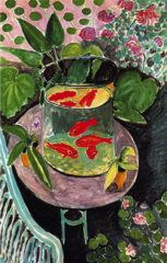 Goldfish

Henri Matisse, 1912, Oil on Canvas

Fauvism
Still life painting
Violent contrasting colors
Thinly applied colors, white of canvas shows through
Energetic painterly brushwork
May have been influenced by decorative Asian art
Broad patches of color anticipate Color-field painting seen later in the century