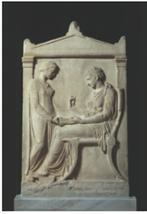 Grave Stele of Hegeso

Kallimachos, 410 B.C.E.
Marble and paint

End of classical period where funerary sculpture was revived
Serves as private grave marker
Hegeso depicted seated opening a box containing a necklace possibly her dowry
Domestic setting surrounded by pilasters and pediment
Pediment has inscription identifying her and her father
Drapery closely follows her body giving relaxed natural representation