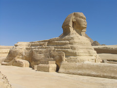 Great Sphinx
c. 2500 BCE; Old Kingdom
Culture: Egypt
Carved in situ from a huge rock, symbol of the sun god. Sphinx protects the pyramids behind it. Guards Khafre's pyramid (possibly a portrait of Khafre himself)