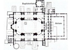 Hagia Sophia Plan

Constantinople Anthemius of Tralles and Isidorus of Miletus 523-537 C.E., Brick/Ceramic elements with stone and mosaic veneer 

Commisioned by Justinian showing his power after the Nike Revolt of 532
Combo of centrally planned church and axial planned basilican church
Exterior is plan yet massive 
Central dome made with no supports beneath it done by using pendentives supported by large piers
Half domes to each side of the main dome helps spread out the weight
40 windows placed at bottom of domes making it seem like they are floating
Large gold mosaics once covered the walls
Marble brought from across the empire
Minarets added during the islamic period when building made into a mosque