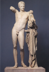 Hermes and the Infant Dionysos, by PRAXITELES, from Olympian (340 B.C.) ~ Late Classical Sculpture

Arm extending into space, idealized face, carefully observed body, increase in anatomical accuracy.