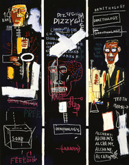 Horn Players 

Basquiat, 1983, Acrylic/Oil


- Neoexpressionist
- triptych
- artist rebelled against middle class upbringing
- influence of graffiti art
- darkened background, flat patches of color, thick lines
- salute to Charlie Parker and Dizzy Gillespie (jazz musicians)
- heads float over outlined bodies
- contrast and juxtaposition are the focus
- ornithology is a reference to Charlie 