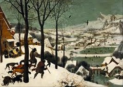 *Hunters in the Snow*
*Pieter Bruegel the Elder*
1565
Oil on panel
16th Century Dutch

1 of five existing of six paintings by Bruegel showing seasonal changes. 2 hunters returning with weary dogs.