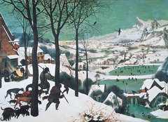 Hunters in the Snow

Pieter Brugel the Elder,1565,Oil on Wood

Impasto
One of a series of paintings representing the months, this being November/December
Alpine landscape covered with snow, winter scene
Strong diagonals lead the the eye deeper into the painting
Figures are not indivduals, peasant types/common people
Landscape has high horizon line, Northern Europen tradition/landscape
Many details, constant motion, nothing is static
Hunters have very little success in winter hunt, dogs are skinny and hand their heads