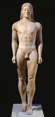 ID: Anavysos Kouros. Ancient Mediterranean. Archaic Greek. C. 530 BCE. Marble with remnants of paint.
Form: marble with remnants of paint, nude, muscular, archaic, represents the people
Function: spiritual connection
Content: tall man who is muscular shows his strength
Context: Greek