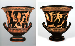 ID: Niobides Krater. Ancient Mediterranean. Anonymous vase painter of Classical Greece known as the Niobid Painter. c. 460-450 BCE. Red figure technique(white highlights)
Form: 54 cm vase made out of clay, red figure technique popular after 5300 BC (red on black background)
Function: Used for the storage and shipment of grains and wines and other goods. To mix wine and water. also used in an all male drinking party known as symposium
Content: Front; Apollo and Artemis came to revenge their mother Lido. Niobis talked about how her children are much beautiful than Lidos. A&A are killing Niobis children
Back; greek soldiers came to honor Herakles and ask for protection
Context: archaic is becoming classical