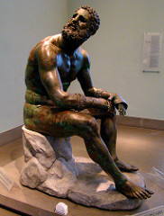ID: Seated Boxer. Hellenistic Greek. c. 100 BCE. bronze
Form: greek hellenistic sculpture, bronze, lost wax casting, hollow, inalid parts of copper in face
Function: interest in pathos made from traditional noble strong figures, wounds made people connect
Content: traditional, ideal, beautiful, nude, young, torso collapsing
Context: strong powerful old man yet defeated, sense of humility and humality not seen before
