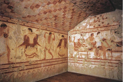 ID: Tomb of the Triclinium. Ancient Mediterranean. Tarquinia, Italy. Etruscan. C 480-470 BCE. Tufa and fresco.
Form: single chamber, fresco
Function: celebrate the dead, reinforce socio-economic
Content: shows wealthy people celebrating the dead
Context: transition of culture, celebration of the dead