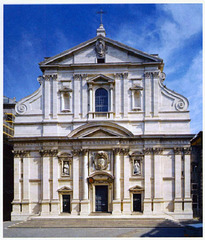 Il Gesu Church

Rome, 1574-1584, Brick/Marble, Done by Giacomo Della Porta

Baroque
Principal church of the Jesuit church
Engaged column grouping put emphasis on doorway
Tympana and pediment put over a central door
Crescendo of forms moving to the center
Two stories separated by a cornice, but brought together by the scrolls at the edges
Framed niche with window acts as a unifying central element
One large space, no aisles, used for grand ceremonies