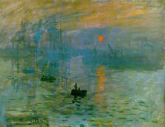 Impression Sunrise, Claude Monet, 1872, Musée Marmottan Monet, Paris, Impressionism, 1.) Diagonal = at first the painting is flat, but the use of the diagonal creates an image of depth. Not a lot of perspective. 2.) Color = gives an idea of what was going on at the time. Pollution was very bad back then, bright sky possibly because of acid rain. 3.) Dot = the Sun in the background causes viewers to look past the foreground of ships and see past them and see the industrialization going on in the background.