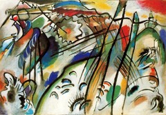 Improvisation 28

Vassily Kandinsky, 1912, Oil on Canvas

Expressionism (Der Blaue Reiter)
Kandinsky infatuated with theosophy and history and was able to understand new scientific developments of the time
Movement toward abstraction, representational objects suggested rather than depicted
Title derived from musical compositions
Strongly articulated use of black line
Colors seem to shad around the line forms
Felt that sound and color were linked
Gave musical titles to his works
Kandinsky wanted the viewer to respond to a painting the way one would to an abstract musical composition
Converyed feelings with color juxtapostions, intersecting lines, these abstractions would ledad to a more enlightened society emphasizing spirituality