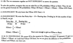 In the town of Z, the town lion roars on some days and not on others. If a day is chosen at random from last March, what is the probability that on that day, either
the town lion roared or it rained?
(1) last March, the lion never roared on a rainy day.
(2) Last March, the lion roared on 10 fewer days than it rained.