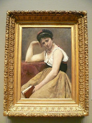 Interrupted Reading by Jean-Baptiste Camille Corot; 1870; Realism; flash of light=influence of photography (industrialization), un-posed feeling, capturing the moment, direct influence of industrialization: dull, monochromatic, un-posed, indirect: background out of focus, flatness (arms have no shadow showing spatial depth), no space between arm and clothing so her body looks compressed