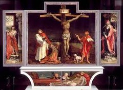 *Isenheim Altarpiece (closed)*
*Matthias Grunewald*
Isenheim, Germany
1510-1515
Oil on panel
16th Century Northern European 

Suffering Christ. St. Sebastian on left pierced by arrows. Lamb holding cross bleeding into a cup. Predella with lamentation. When slid open, it looks like Christ was amputated because of gangrene. Images of healing and suffering.