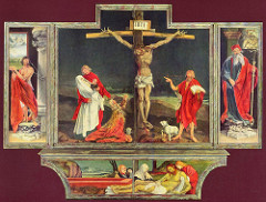 Isenheim Altarpiece Closed

Put in a monastery next to a hospital that specialized in treating people for St. Anthony's fire, disease caused by eating fungus 
Explains St. Anthony's presence in the altar piece
Crucifixion shown in the middle at night which is uncommon
Christ's body shown is dead and decomposing, skin is ripping from his sockets
Hands facing upwards and fingers extended emphasizing the agony
Mary shown dressed as a nun in hands of St. John the evangelist
St. John the baptist shown pointing at Christs body
Lamb beneath the cross with crucifix in neck blood spilling out into a chalice symbolizing the blood of Christ
Predella shows lamentation and once again pain and suffering is emphasized in Christ
He would be amputated when the triptych opened
St. Sebastian on left, St. Anthony on right 
 

Matthias Grunewald, 1512-1516, Oil on Wood
