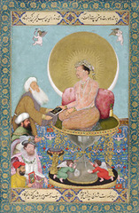 Jahangir Preferring a Sufi Shaikh 
Bichitr. c. 1620 C.E. Watercolor gold, and ink on paper