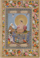 Jahangir Preferring a Sufi Shaikh to Kings

Bichitr, 1620, watercolor, gold/ink on paper

Mughal EmperorJahangir had many artists follow him where he went as he wanted everything recorded
Sought to unify things from distant lands
Seated on hourglass throne, sands of time run out, Jahangir near the end
Surrounded by a halo of the sun/moon, Jahangir is source of all light and center of universe
Sits on a renaissance like carpet with small cherubs copied from European painting, they inscribe on the hourglass his wish to live 1000 years
Artist in lower left corner symbolically signs his name on footstool beneath Jahangir
Bichitr lowest in the social hierarchy at the bottom holds a miniature with two horses and elephant, a gift from his patron
Inscribes his name on the footstool showing his inferior status
James I of England in lower left corner too
Ottoman sultan present
Holy man handed book by Jahangir/other way around, Jahangir put the Holy men in higher status that those around him