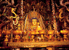 Jowo Rinpoche, enshrined in the Jokhang Temple 
Lhasa, Tibet. Yarlung Dynasty. Believed to have been brought to Tibet in 641 C.E. Gilt metals with sempirecious stones, pearls, and paint; various offerings